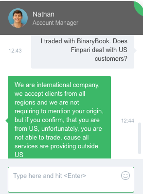 Screenshot from live chat between Bureau reporter and Finpari salesperson on December 7, 2016